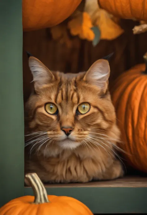 In a photo of an exotic short-haired realistic cat peeking out mysteriously from inside a carved pumpkin、beard is twitching.