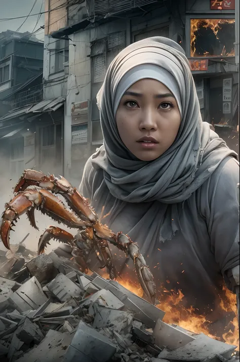 A movie poster, The heroine of the movie "KING CRAB". A malay woman in hijab desperately fleeing from gigantic king crab in a devastated Tokyo, hijab disheveled, white plain tshirt stained and jeans, running through rubble, carrying a rifle, Crumbling buil...