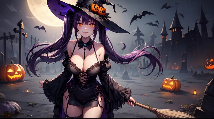 1girl, solo, full body, halloween, night, fog, moon, spooky, manson, pumpkins, graveyard, zombie, black witch hat, broom, long hair, purple hair, twintail, large breasts, cleavage, black dress, yellow eyes, smile, looking at the viewer, ((standing))