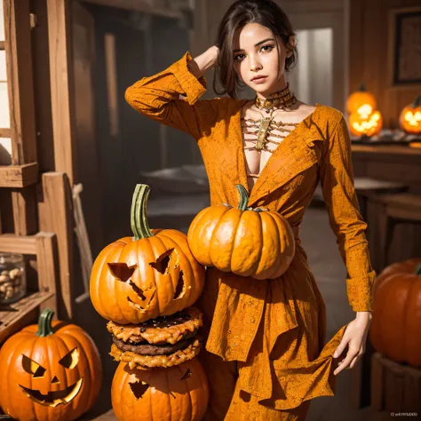 Burger King openwork sandalwood material（best qualtiy，8K Pumpkin Burger King,Masterpiece）When the skeleton pumpkin appears，Only heard, unseen，Pumpkin Burger King explodes，That whistle echoed for a long time，Its like a prelude to impending death，The image o...