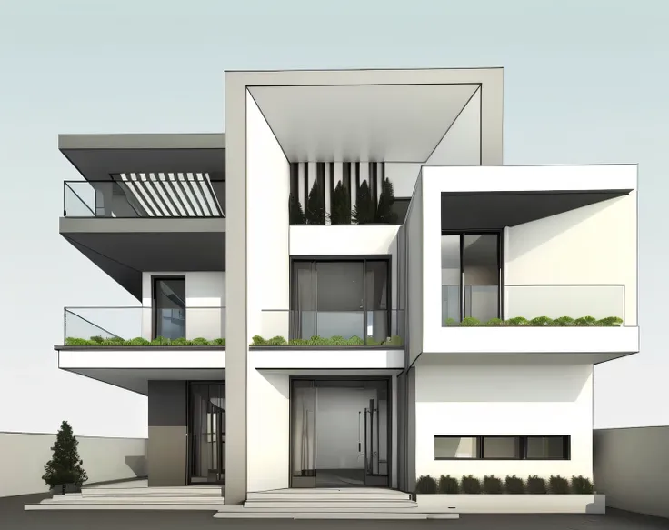 a rendering of a modern house with a balcony and balconies, all white render, front elevation view, exterior design, concept house, contemporary house, elevation view, realistic concept, frontview, 3d rendering, 3 d rendering, 3/4 view from below, high qua...