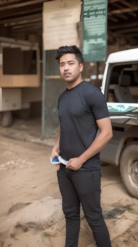 araffe man standing in front of a truck in a dirt lot, taken with sony alpha 9, blue tight tshirt, shot on canon eos r5, shot on canon eos r 5, shot on nikon z9, captured on canon eos r 6, taken with canon 8 0 d, full body picture, very very low quality pi...