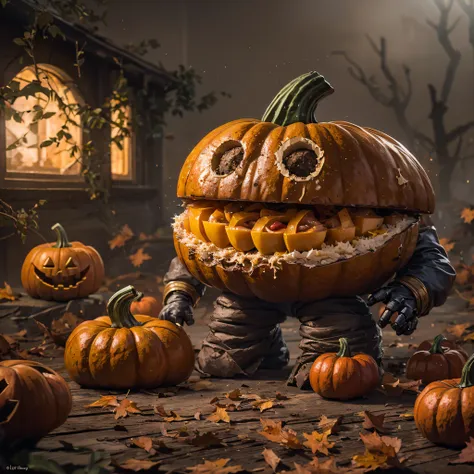 burger king openwork sandalwood material（best qualtiy，8k pumpkin burger king,masterpiece）when the skeleton pumpkin appears，only ...