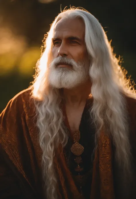 a man with long white hair and a beard, a character portrait, by Stefan Luchian, pexels contest winner, warm sundown, spiritual evolution, 8k 28mm cinematic photo, professionally color graded, clothed in ancient, hindu aesthetic, sergey krasovskiy, father,...