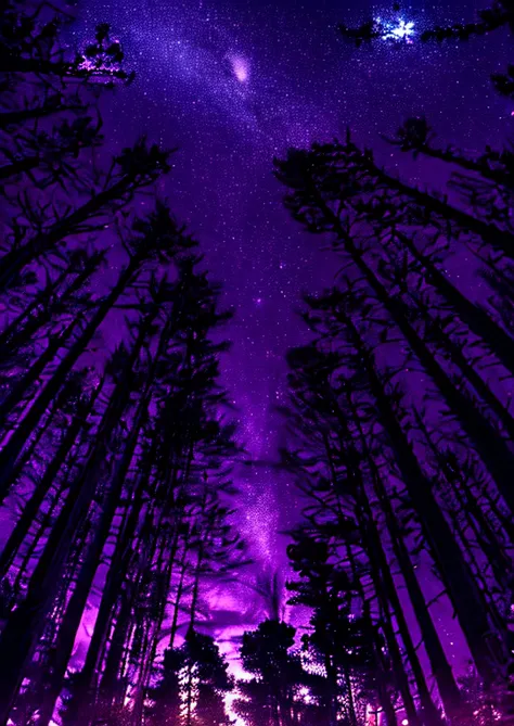 a purple sky with stars above a forest, purple sky, trees and stars background, purple trees, forest at night, looking up at the stars, purple omnious sky, dark purple sky, moonlit purple sky, night forest, night in the forest, violet sky, quiet forest nig...