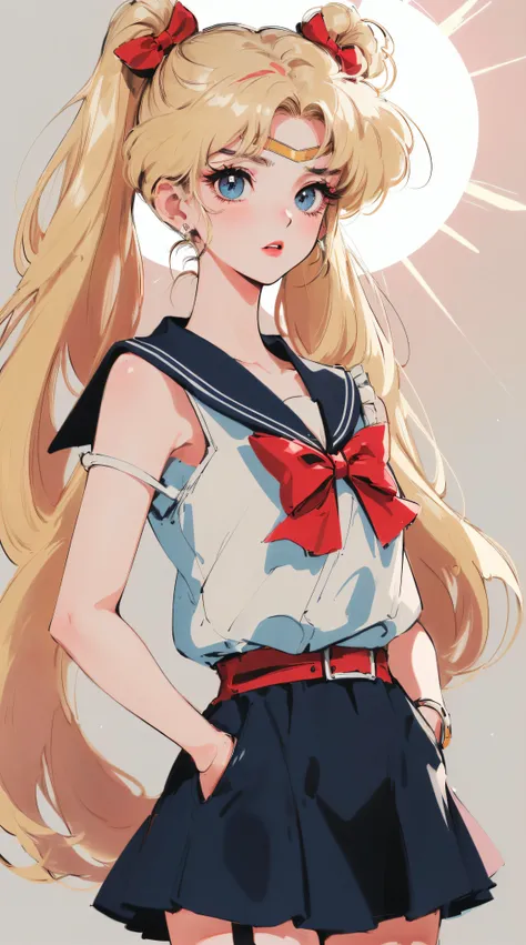 ((((blonde haired girl with sapphire eyes,Minako Aino ，retro anime girl , sailor moon aesthetic, anime vintage colors，Vaporwave style,90s anime style,have the style of folk portraits,chicano inspired retro fashion，renaissance,  retro style inspiration retr...