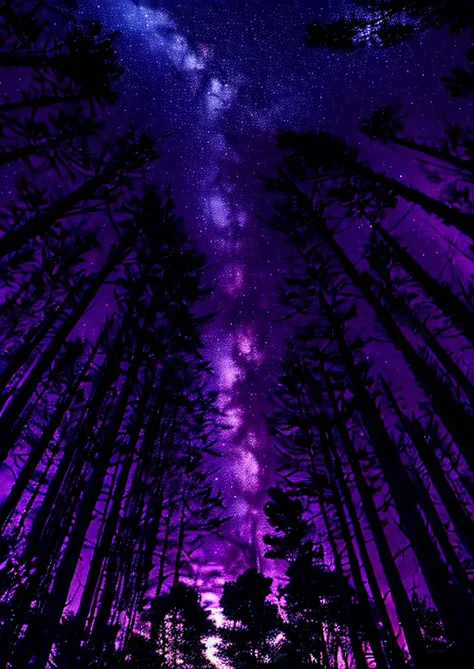 a purple sky with stars above a forest, purple sky, trees and stars background, purple trees, forest at night, looking up at the stars, purple omnious sky, dark purple sky, moonlit purple sky, night forest, night in the forest, violet sky, quiet forest nig...