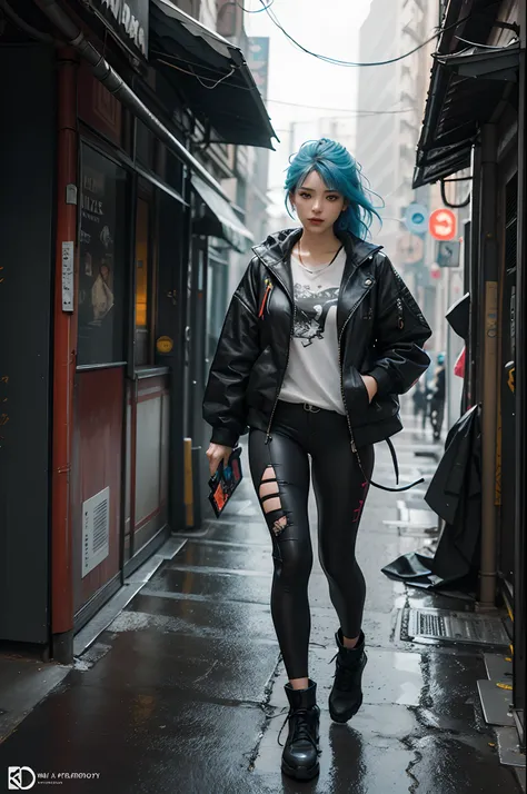 Beautiful photorealistic photograph of a beautiful girl wearing tech jacket and assorted cyberpunk clothing and paraphernalia, colorful cyberpunk hairstyle, dynamic pose, cyberpunk street background, perfect ratio proportions, abstract beauty, approaching ...