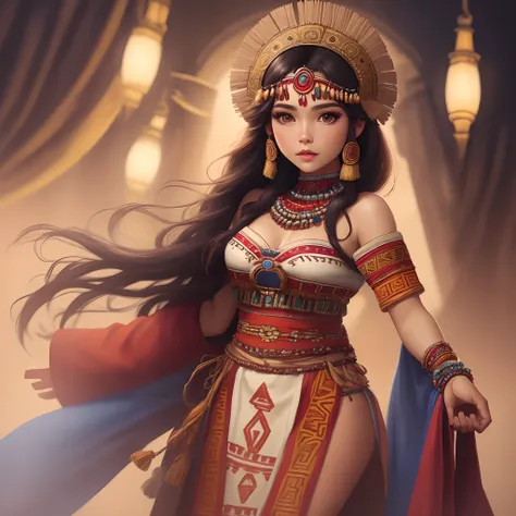 CG illustration, young female dressed in traditional aztec attire, wearing a beaded head piece that goes along the nose are