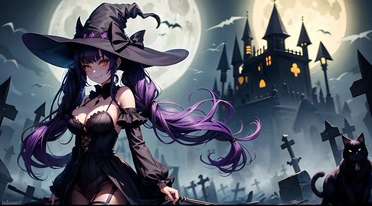 1girl, solo, full body, halloween, night, fog, magic, spell, ((black cat)), moon, spooky, manson, pumpkins, graveyard, zombie, black witch hat, broom, long hair, purple hair, twintail, large breasts, cleavage, black dress, yellow eyes, smile, looking at th...