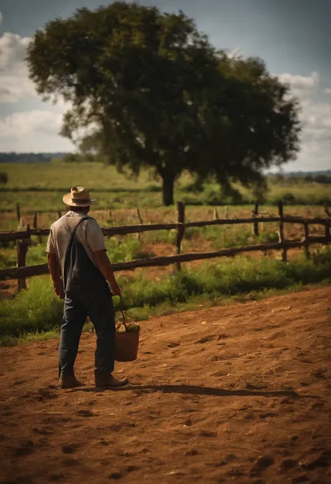 Silhueta de um homem que trabalha nos campos, against the radiant sunset, captured from a distance, vast farm and sky dominating the picture, Well-defined sketch of the lone farmer, Tons dourados quentes, Dedicated workforce, breath-taking sunset, sol desc...