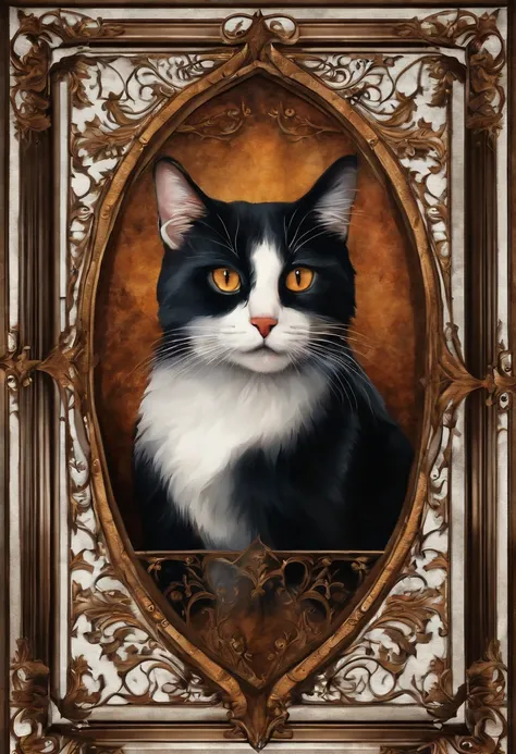 um gato pintado na aquarela, Gothic artistic frame shaped background, gothic style, pintado aquarela, gato centralizado