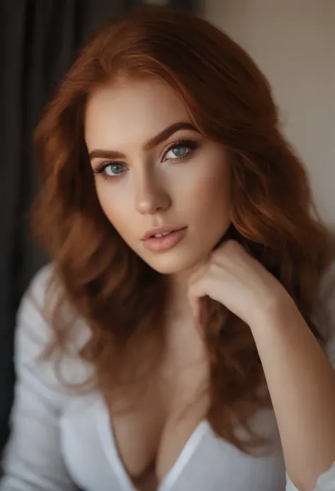 arafed woman fully , sexy girl with brown eyes, ultra realistic, meticulously detailed, portrait sophie mudd, As ginger hair and large eyes, selfie of a young woman, dubai eyes, violet myers, without makeup, natural makeup, looking directly at the camera, ...