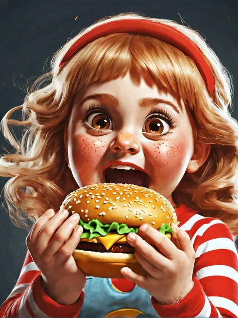 (Poster of cute fat little girl kneeling on the ground eating Big Mac burger), （The girl has small freckles on her face），(Open red mouth), （Round belly），with short golden hair, Fair and shiny skin，The expression of laughter, Exaggerated expression,（Correct...