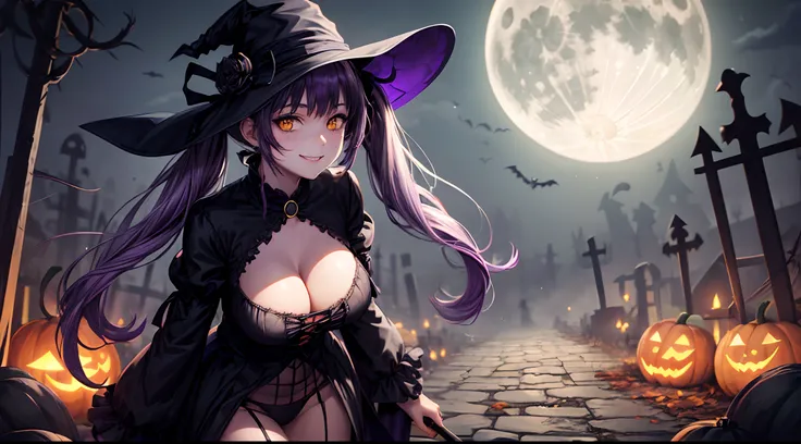 1girl, solo, full body, halloween, night, fog, magic, spell, ((black cat)), moon, spooky, manson, pumpkins, graveyard, zombie, black witch hat, broom, long hair, purple hair, twintail, large breasts, cleavage, black dress, yellow eyes, smile, looking at th...