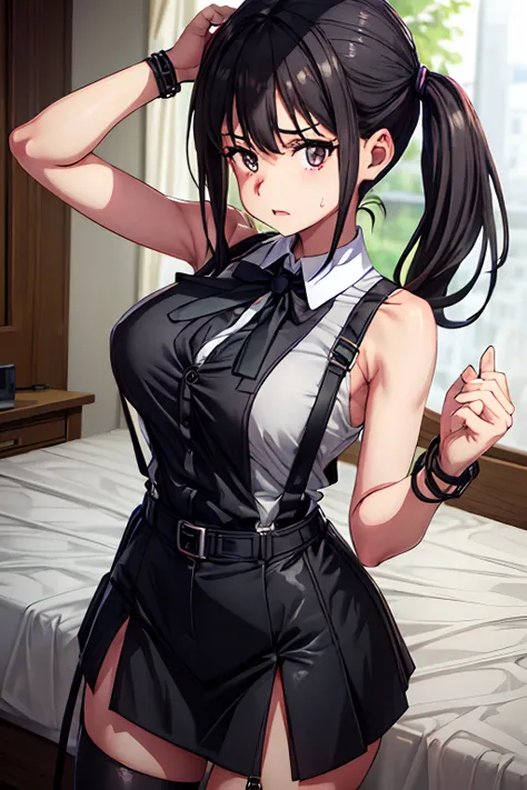 Suit,Collared shirt,Belt bag,Suspenders Black Miniskirt　garterbelts　knee high　Stockings　Black Niso　Colorcon armpit sweat　perspiring　Side of both hands,Black tank top,Gaze,Colossal tits,Armpit sweat,Exposing the armpits"Tight clothes、raise two hands、wristba...