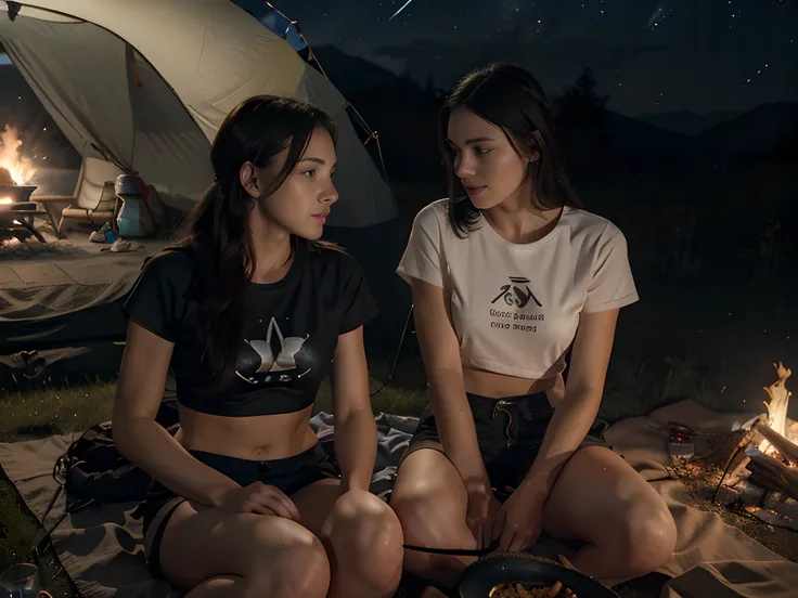 Two slim, beautiful young women, one slender, athletic brunette with black hair, one athletic platinum blonde, staring at each other, wearing hiking shorts, very short t-shirts, midriff showing, high cut t-shirts, sitting next to a campfire in the grass, o...