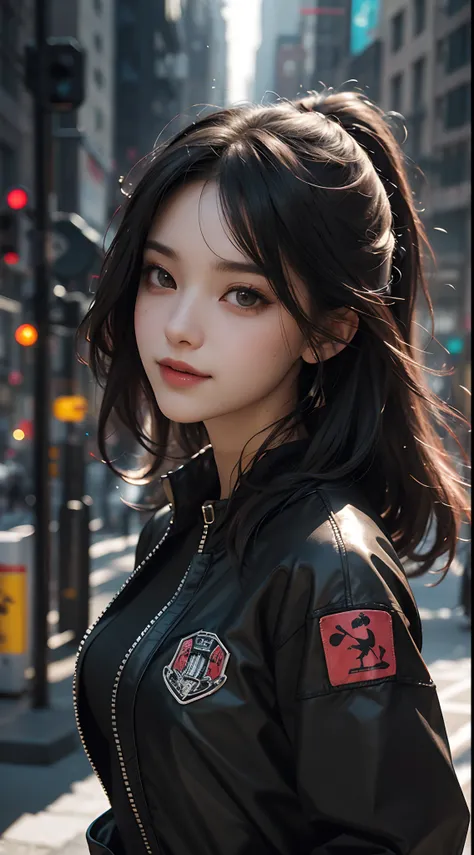 Beautiful photorealistic photograph of a beautiful girl wearing tech jacket and assorted cyberpunk clothing and paraphernalia, colorful cyberpunk hairstyle, dynamic pose, cyberpunk street background, perfect ratio proportions, abstract beauty, approaching ...