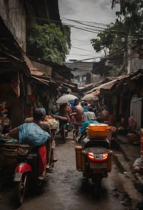 The atmosphere at night in an alley in Jakarta, on the right side there is a fried rice seller, there is a gojek driver waiting on a motorcycle, on the right side there are fried food selling mothers, across from the fried food selling mother there is a ch...