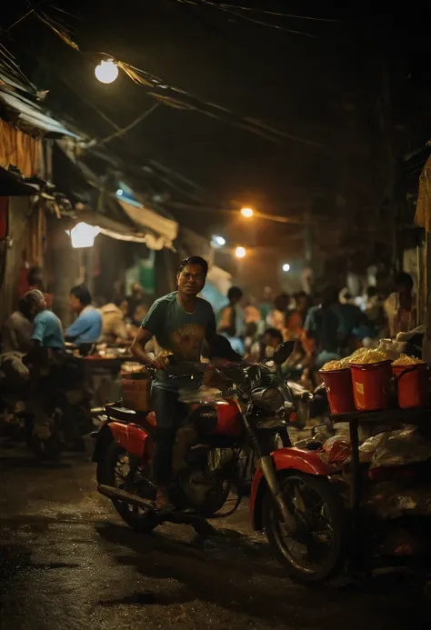 The atmosphere at night in an alley in Jakarta, on the right side there is a fried rice seller, there is a gojek driver waiting on a motorcycle, on the right side there are fried food selling mothers, across from the fried food selling mother there is a ch...