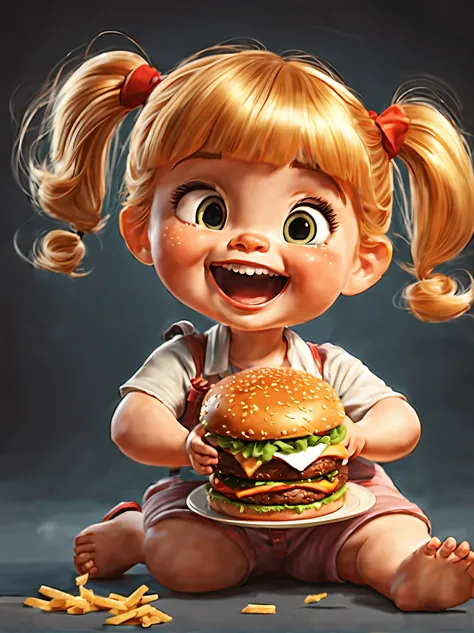 (Poster of cute fat little girl kneeling on the ground eating Big Mac burger), （The girl has small freckles on her face），(Open your red mouth), （Round belly：1.2），with short golden hair, Fair and shiny skin，The expression of laughter, Exaggerated expression...