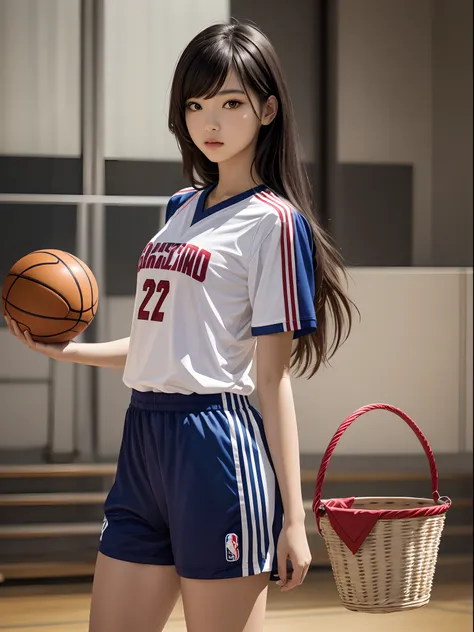 1 girl standing, wearing basket ball shirt, very detail, realistic, holding ball, 27 years old, long hair