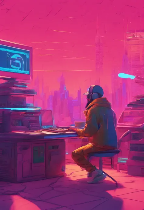 there is a man sitting on a table with a laptop, microfone e fones de ouvido, arte cyberpunk inspirada em Hovsep Pushman, trend in cg society, arte digital, Chillhop, arte de fundo, Elogio Artstyle, cyberpunk vibes, hip hop vaporwave, estilo de arte synthw...