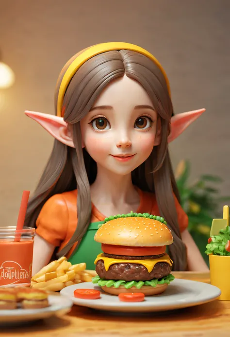 Beautiful 3D long hair for cute young girl,Vivid colors,ears of elf,joyful expressions,Prepare to eat a juicy burger,(Hamburger in the center of the picture),Focus on burgers,Delicious food,Close-up shot，PVC model, view the viewer, soft smooth lighting, so...