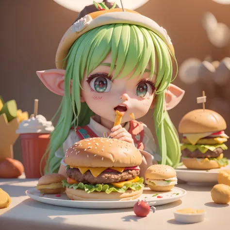 (Big hamburger in the center of the picture),Beautiful 3D long hair for cute young girls,Vivid colors,ears of elf,joyful expressions,Prepare to eat a cheeseburger,Delicious food,Close-up shot，PVC model, view the viewer, soft smooth lighting, soft and muted...