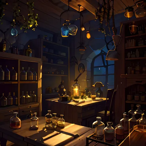 magic workshop，potion bottle，cauldron，herbs，rays of sunshine，bottles, jars, jars，inside in room