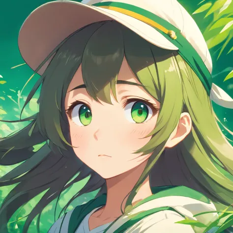 a cute girl with a round face, long hair, wearing a hat, green and white clothes, beautiful eyes, green pupils, multiple expressions and movements, including shyness, joy, sadness and other emotions. Green background, rich details, cute, --ar 1:1 --niji