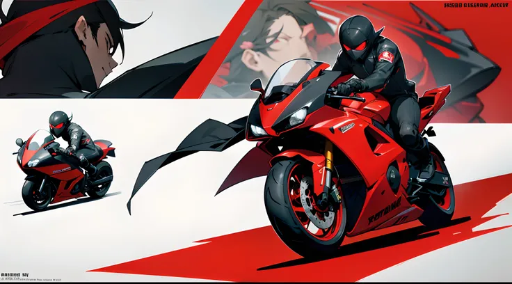 anime man wearing a black t-shirt underneath a red motorcycle racer jacket, black and red motorcycle racer suit, oversize, (athletic body), detailed, character design sheet, different poses, different angles [anti-venom:1.3+rock howard]