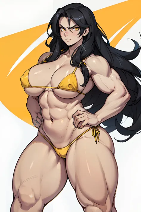 solo, 1 girl, (very long hair), black hair, angry, yellow eyes pale skin (string bikini) (wide hips thick thighs curvy muscular toned body bodybuilder huge tits)