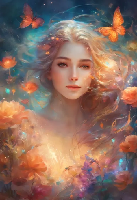 under the water,Colorful universe,Flowers on the face,Woman in see-through dress,planetes,sparklers,cream-colored