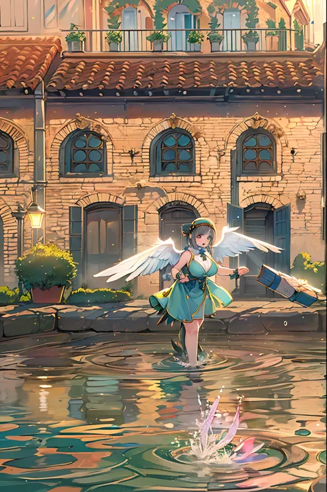 absurderes, hight resolution,, (1girl in, Solo), Big eyes,, townscape,, (Water Effects, Light Effects, fluttering feathers:1.2),bbw