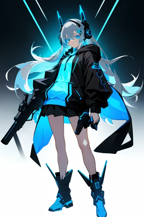 Standing Picture Full Body Super Definition Illustration Cool Long Silver Hair Blue Eyes Girl Black Hoodie Cyber Looks Wearing Black Boots Black Skirt Blue Glowing Headphones Blue Rose Hair Ornament Blue Roses Game Plain White Background Facing Facing Fron...