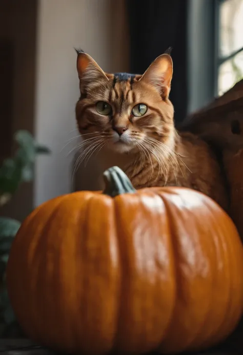 In a photo of an exotic short-haired lifelike cat peeking out mysteriously from inside a carved pumpkin、beard is twitching.