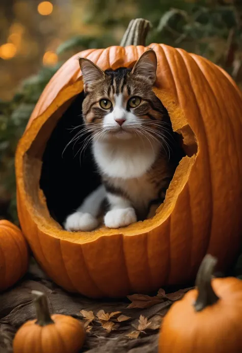 In a photo of an exotic short-haired lifelike cat peeking out mysteriously from inside a carved pumpkin、beard is twitching.