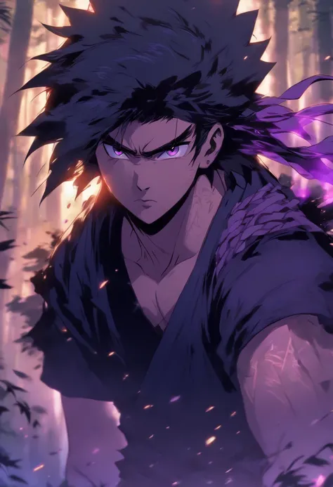 1male , black hair , purple eyes , messy hair , pale skin , black t-shirt with a grey undershirt with slightly longer sleeves , forest background , somber expression , ninja clothing , young boy , child