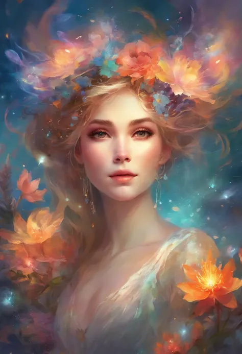 under the water,Colorful universe,Flowers on the face,Woman in see-through dress,planetes,sparklers,cream-colored,Eliza