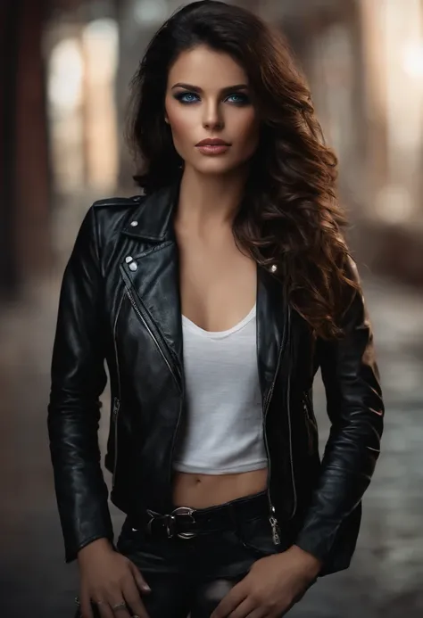 (best quality,realistic:1.37),sexy,dark hair,blue eyes,leather jacket,girl,without t-shirt,detailed eyes, detailed lips,vivid colors,dramatic lighting