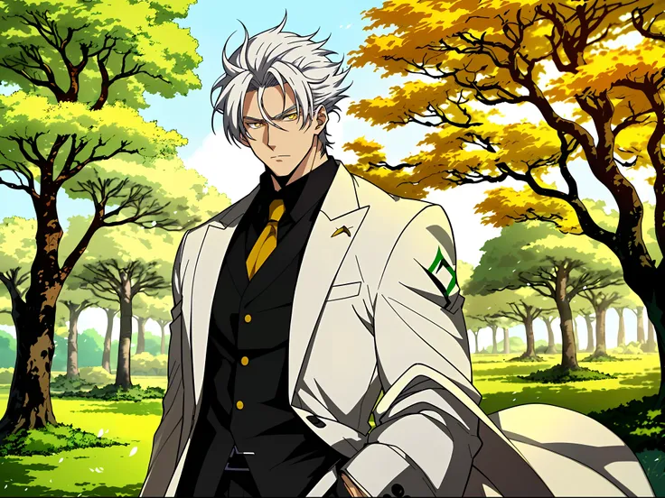 Anime character with white hair and yellow eyes standing in front of a green tree，white  clothes，Anime portrait of a handsome man, Tall anime man with yellow eyes, Anime handsome man, silber hair, handsome guy in demon killer art, offcial art