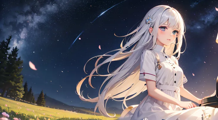 cute anime girl playing the piano, meadow, universe, galaxy, light particles, white dress, masterpiece