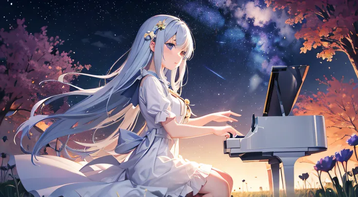 cute anime girl playing the piano, meadow, universe, galaxy, light particles, white dress, masterpiece