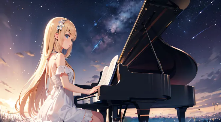 cute anime girl playing the piano, meadow, universe, galaxy, light particles, white dress, masterpiece