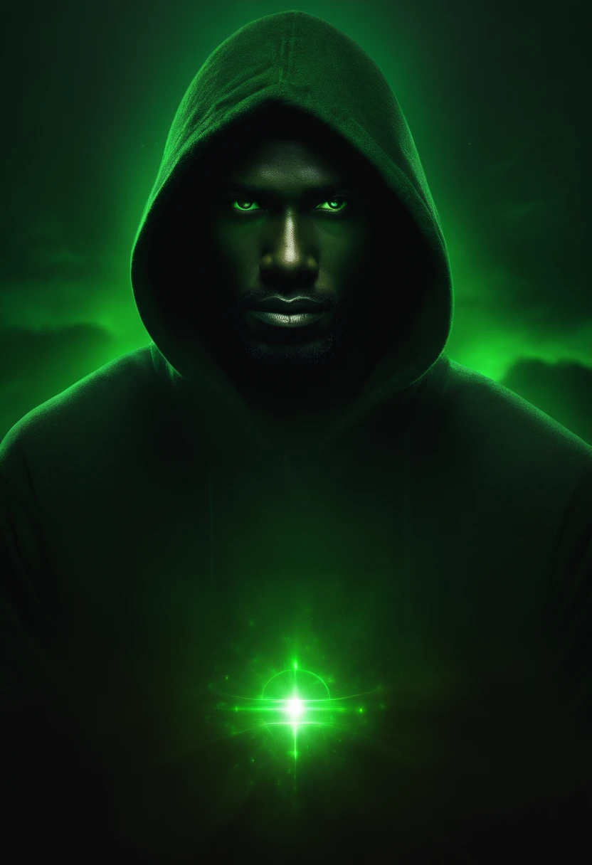 Human Man in Green Hood, With a mysterious and dark face, Eyes with glowing green lights, Bright landscape on background