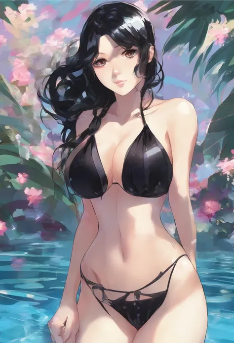 dutch angle, torso shot, cowboy shot, 1girl goth solo seductive black haired woman in a black bikini posing in a pool, sfw perfect body, pale skin, toned, gorgeous bikini model, big breasts, playboy centerfold, blushing