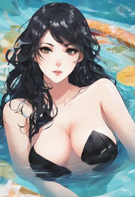 dutch angle, torso shot, cowboy shot, 1girl goth solo seductive black haired woman in a black bikini posing in a pool, sfw perfect body, pale skin, toned, gorgeous bikini model, big breasts, playboy centerfold, blushing