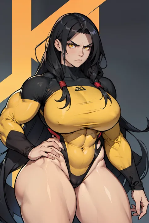 solo, 1 girl, (very long hair), black hair, angry, yellow eyes pale skin (wide hips thick thighs curvy muscular toned body bodybuilder huge tits)