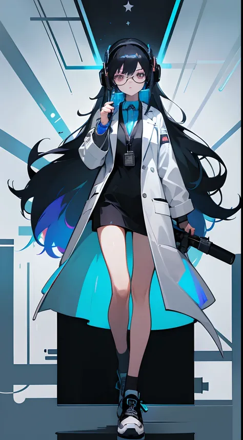 Full body Standing picture Best quality Super definition Illustration Girl in a lab coat Scientist Long black hair The tips of her hair are glowing blue Wearing glasses Grayish-white eyes Wearing blue headphones around her neck Cool Holding a flask with ir...